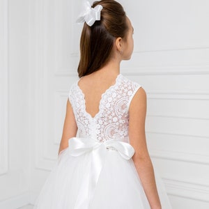 White Satin Christening Gown: Baby Girl Baptism Dress with Bow