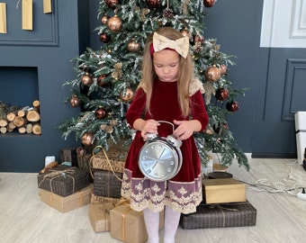 Burgundy Velour Christmas Dress: Handmade Lace Flower Girl Dress