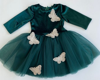 Green Christmas Dress, 1st Christmas Dress, Butterfly Baby Girl Dress, Tulle Dress, Christmas Gift