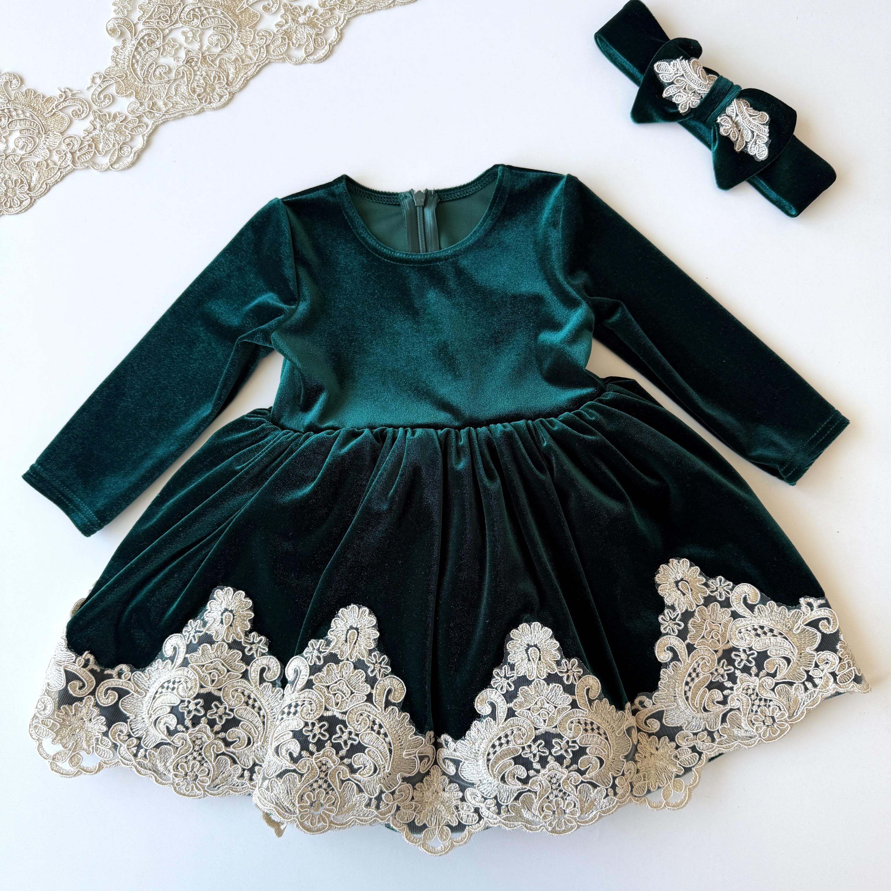 infant green velvet dress Green Velvet Formal Dress  AndyWawaUSA