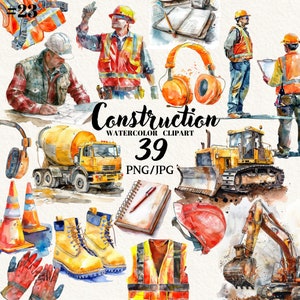 Aquarel bouwvoertuigen clipart, beschermende kleding, tractorillustraties, digitale clipart, instant download, commercieel gebruik