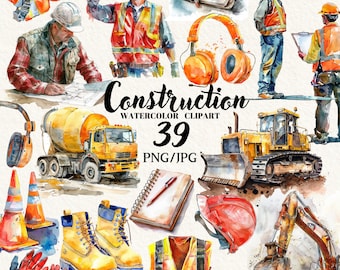 Aquarell Baustelle Fahrzeuge Clipart, Schutzkleidung, Traktor Illustrationen, digitale Clipart, sofortiger Download, kommerzielle Nutzung