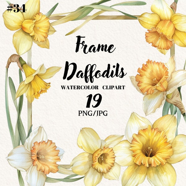 Watercolor Daffodils Frame Clipart, Spring Flower Frame, Flowers Clipart, Digital Clipart, Scrapbook png, Instant download, Commercial use