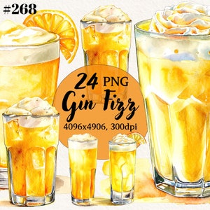 May include: 24 watercolor illustrations of gin fizzes in glasses with whipped cream and orange slices. The illustrations are in a vintage style and are perfect for use in digital or printed projects.