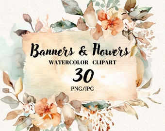 Watercolor Flowers Label PNG Grafic, Wedding Flowers Invitation Clipart PNG, Floral Banner Digital, Instant download, Commercial use