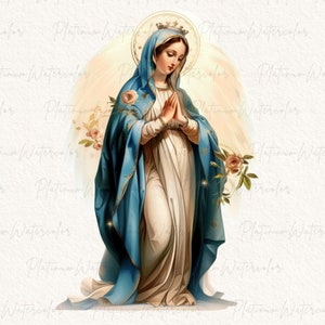 Peut inclure: Une peinture de la Vierge Marie, repr&eacute;sent&eacute;e dans une robe bleue et blanche, avec une couronne sur la t&ecirc;te et les mains jointes en pri&egrave;re. Elle est entour&eacute;e d'une aur&eacute;ole et de roses.