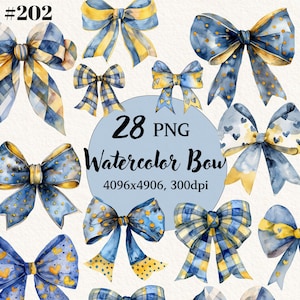 Watercolor Bow Graphic Clipart PNG Blue Yellow, Transparent Background, Digital Clipart, Instant Download, Commercial Use