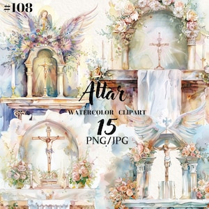 Katholiek altaar, kerkaltaar bloemen clipart, katholieke aquarel, eerste communie uitnodiging, digitale clipart, instant download, commercieel