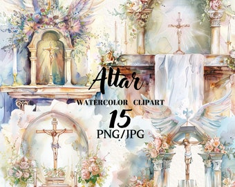 Ołtarz katolicki, kwiaty ołtarzowe kościoła Clipart, akwarela katolicka, zaproszenie na pierwszą komunię, cyfrowe Clipart, natychmiastowe pobranie, komercyjne