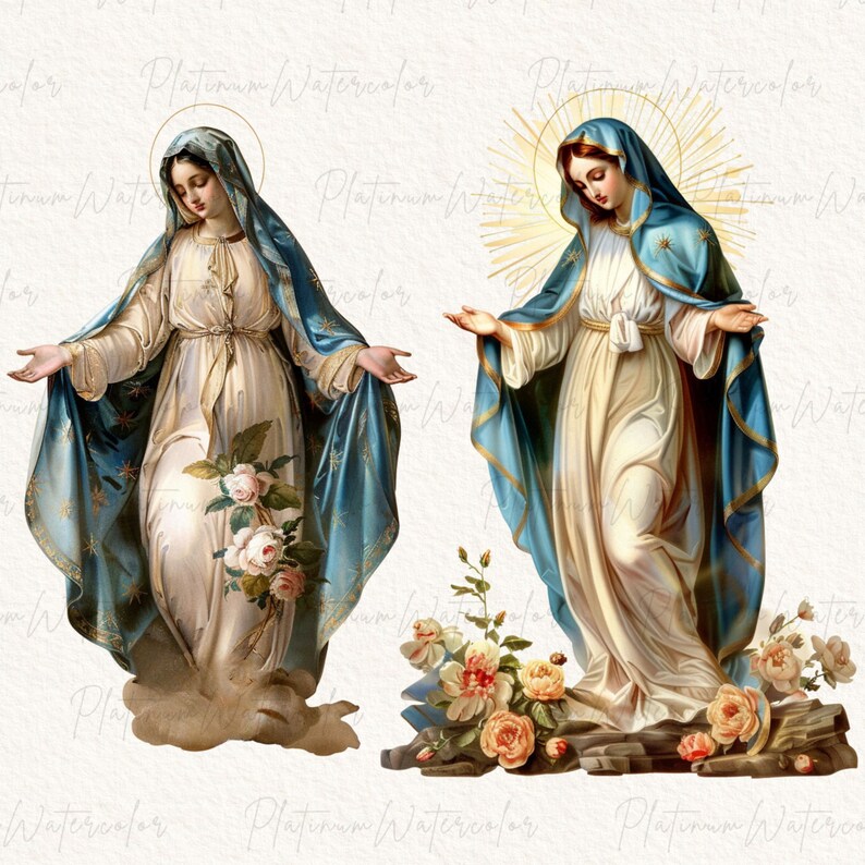 Peut inclure: Deux aquarelles de la Vierge Marie. Les deux peintures repr&eacute;sentent la Vierge Marie dans une robe bleue avec des accents dor&eacute;s. La Vierge Marie &agrave; gauche tient un bouquet de roses blanches. La Vierge Marie &agrave; droite se tient sur un rocher avec un bouquet de roses orange &agrave; ses pieds.