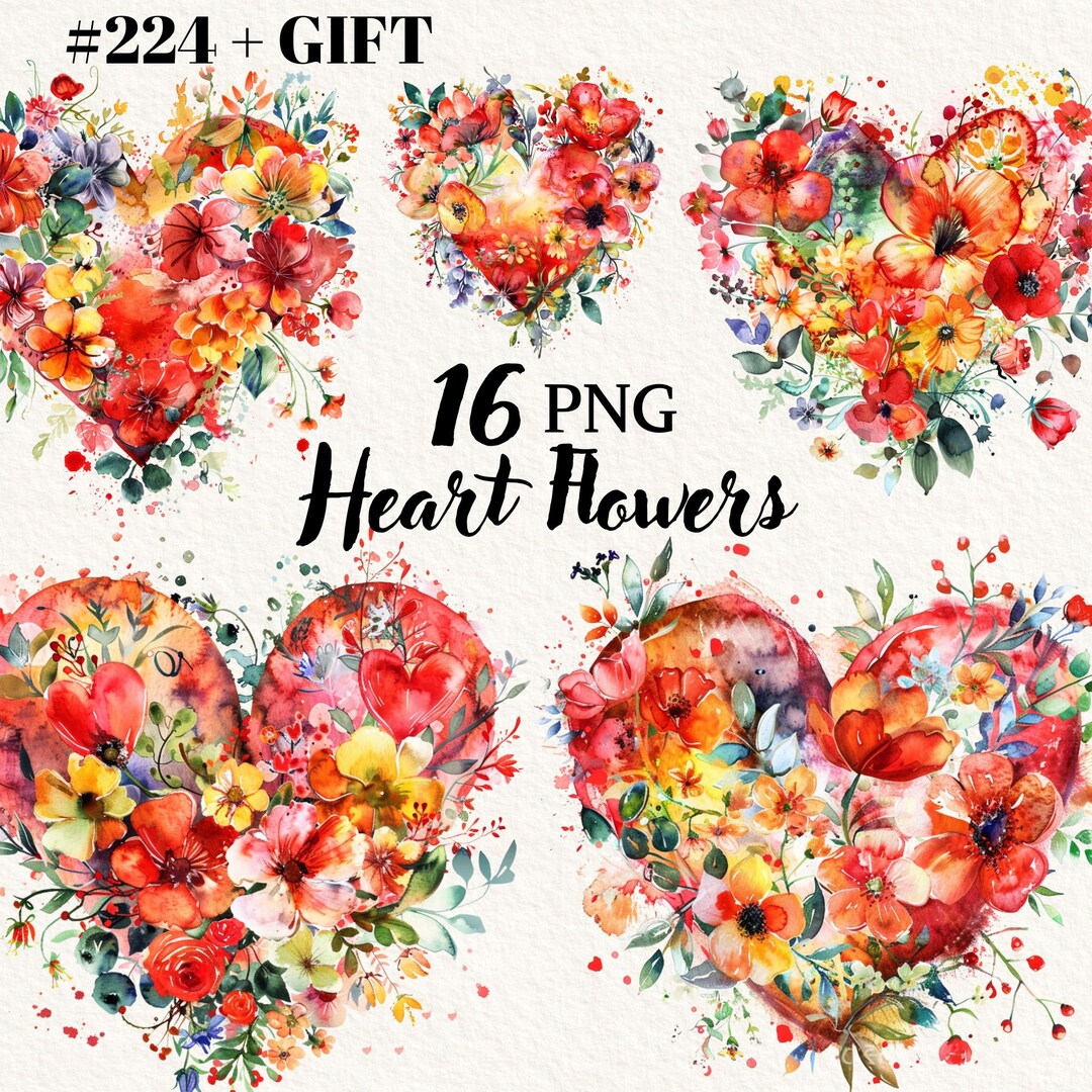 Heart Flowers Clipart Bundle, Heart Clipart, Watercolor Flowers ...