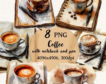 Watercolor Coffee with notebook and pen Clipart Bundle, Coffee art, Transparent Background, Digital Clipart, Instant Download