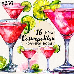 Bundle de cliparts cosmopolite, aquarelle cocktails, clipart cocktail cosmopolite, fond Transparent, clipart numérique, téléchargement immédiat
