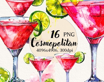 Cosmopolitan Clipart Bundle, Watercolor Cocktails, Cosmopolitan Cocktail Clipart, Transparent Background, Digital Clipart, Instant Download
