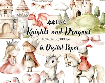 Dragon Birthday png, Knight Watercolor Clipart  Ideal for Scrapbooking and Crafts.