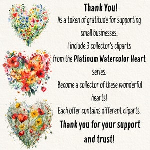 Peut inclure: Trois illustrations de c&oelig;urs en aquarelle avec un motif floral. Le texte "Merci !" est en haut de l'image. Le texte "En guise de remerciement pour votre soutien aux petites entreprises, j'inclus 3 images clipart de collection de la s&eacute;rie Platinum Watercolor Heart. Devenez un collectionneur de ces magnifiques c&oelig;urs ! Chaque offre contient des images clipart diff&eacute;rentes. Merci pour votre soutien et votre confiance !" est sous les illustrations.