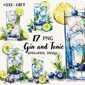 Gin und Tonic Aquarell Clipart Bundle, Gin und Tonic PNG, transparenter Hintergrund, digitale Clipart, sofortiger Download, kommerzielle Nutzung