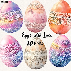 Oeuf de Pâques avec dentelle Clipart Bundle - 10 oeufs PNG avec fond transparent, téléchargement immédiat