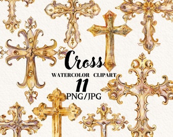 First Communion Holy Gold Cross Clipart, Christian Cross png, Watercolor png, Digital Clipart, Instant download, Commercial use