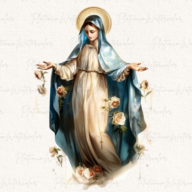 Peut inclure: Une peinture &agrave; l'aquarelle de la Vierge Marie, repr&eacute;sent&eacute;e dans une robe bleue avec une robe blanche, tenant un chapelet et debout sur un nuage. Elle est entour&eacute;e de roses blanches.