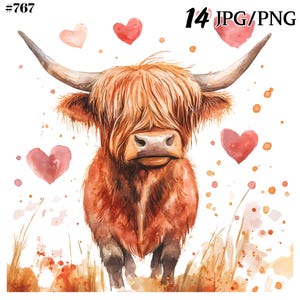 ハイランド牛のクリップアート、ハイランド牛の PNG、バレンタイン ハイランド牛セット - DIY プロジェクトや印刷物に最適