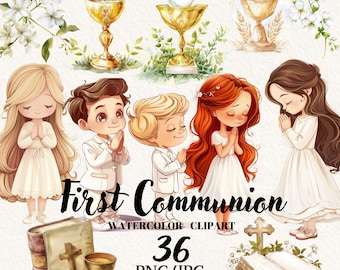 Clipart première communion, première communion clipart, lot de cliparts aquarelle, clipart numérique, téléchargement immédiat, usage commercial