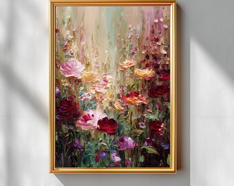 May include: A framed floral painting with a gold-colored frame. The artwork features a vibrant display of flowers in shades of pink, red, and yellow, with green foliage. The text "Platinum Watercolor" is at the bottom.