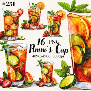 Lot de clipart Pimm's Cup, carte de cocktails, signe de boisson signature, clipart été, fond transparent, clipart numérique, téléchargement immédiat