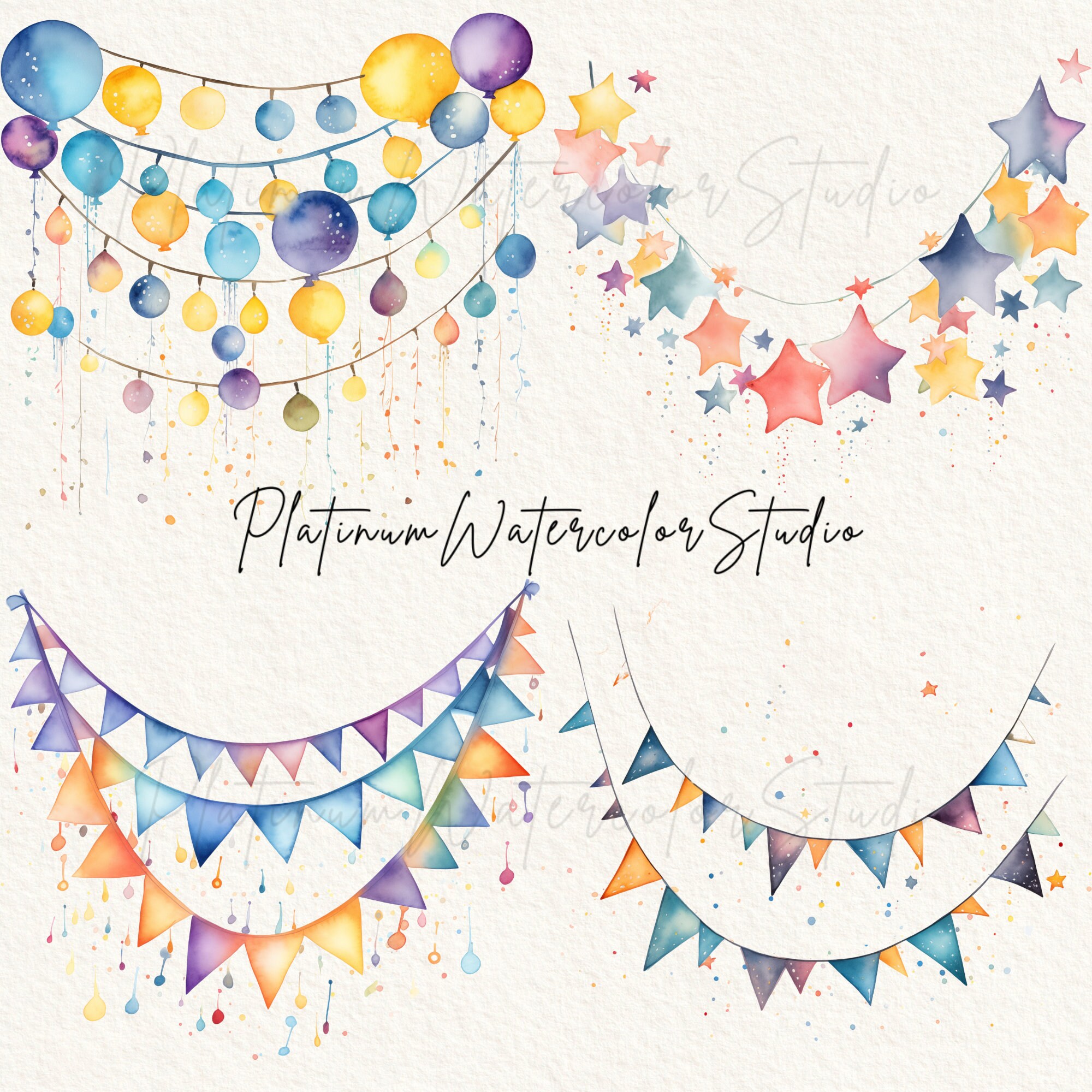 Birthday Banners, Birthday Party Garland Clipart, Bundle of 15 ...