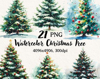 Watercolor christmas tree png bundle, christmas tree decor clipart, christmas  trees graphics, transparent background, digital clipart
