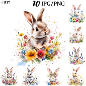 Felicidad pascual en abundancia: paquete de 10 imágenes prediseñadas en acuarela con ilustraciones de conejitos