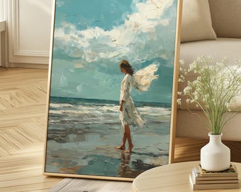 Angel Wall Art Print, Guardian Angel Poster, Digital Download, Angel Painting, Coastal Wall Decor, Modern Printable Artwork.