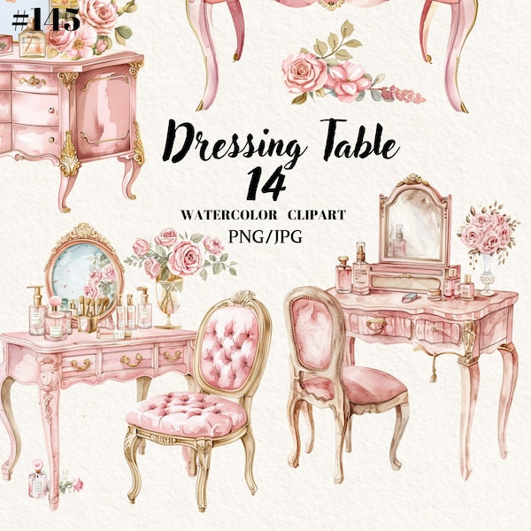 Pink Princesse Dressing Table Clipart Bundle, Baby Girl Nursery, Transparent Background, Digital Clipart, Instant download, Commercial use
