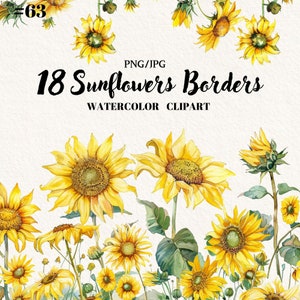 Clipart de borda de girassóis PNG, borda de girassol, clipart de flores amarelas, clipart digital, download instantâneo, uso comercial