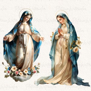 Peut inclure: Deux illustrations vintage de la Vierge Marie. La premi&egrave;re image montre Marie les bras tendus, v&ecirc;tue d'une robe bleue avec des &eacute;toiles dor&eacute;es. La deuxi&egrave;me image montre Marie les mains jointes en pri&egrave;re, v&ecirc;tue d'une robe bleue avec des fleurs blanches.