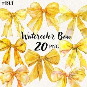 Watercolor yellow ribbon clipart, bow clip art, png sublimation, transparent background, digital clipart, instant download, commercial use