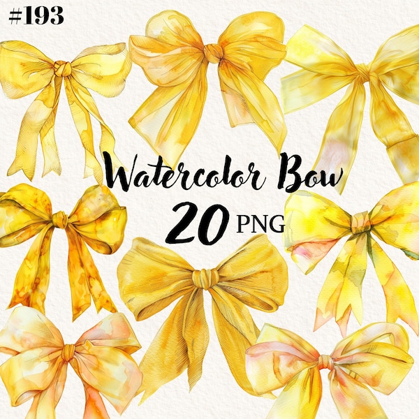 Watercolor yellow ribbon clipart, bow clip art, png sublimation, transparent background, digital clipart, instant download, commercial use