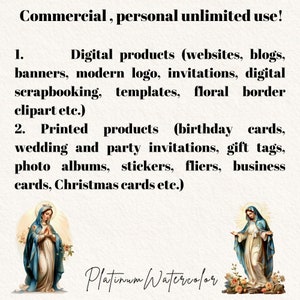 Peut inclure: Une illustration num&eacute;rique de la Vierge Marie v&ecirc;tue d'une robe bleue avec une aur&eacute;ole dor&eacute;e. L'image est entour&eacute;e d'un fond blanc avec du texte qui dit "Utilisation commerciale et personnelle illimit&eacute;e !" et liste des exemples de produits num&eacute;riques et imprim&eacute;s qui peuvent &ecirc;tre utilis&eacute;s avec l'image.
