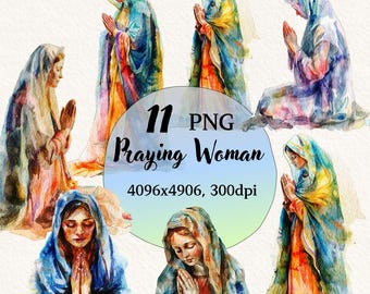 Watercolor Praying Woman, Scripture Art, Christian Fine Art Symbolism, Transparent Background, Digital Clipart, Instant Download