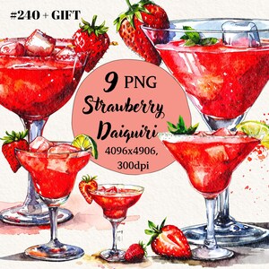 Bundle de cliparts Daiquiri aux fraises, boissons alcoolisées PNG, Cocktail d'été PNG, fond Transparent, Clipart numérique, téléchargement immédiat