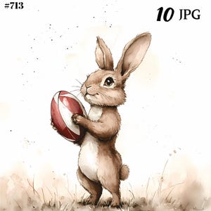 Conejo sosteniendo una pelota de rugby, colección de imágenes prediseñadas de conejo adorable: imágenes imprimibles para manualidades de Pascua.