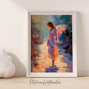 Angel art print, colorful guardian poster, digital download, modern wall decor.