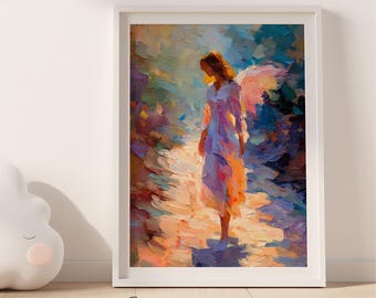 Engelenkunstprint, kleurrijke voogdposter, digitale download, modern wanddecor.
