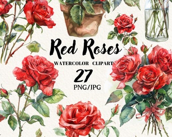 Flower Clipart Red Roses PNG,  Watercolor flowers,  Roses clipart, Wedding invitation, Digital Clipart, Instant download, Commercial use