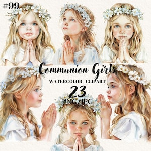 Primera Comunión Niñas Clipart, 1ª Comunión, Niña orando, Clipart Digital, Descarga instantánea, Uso comercial