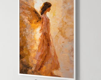 Angel art print golden, guardian poster, digital download, modern wall decor.
