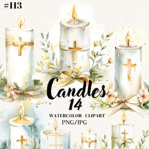 Può includere: Clipart ad acquerello di 7 candele con un design a croce. Le candele sono bianche e blu con accenti dorati. L'immagine include il testo "Candles 14 Watercolor Clipart PNG/JPG".