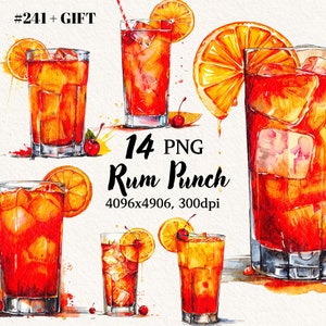 May include: Watercolor illustrations of rum punch cocktails. Each glass is filled with a vibrant orange-red liquid, ice cubes, and garnished with orange slices and cherries. The image includes the text "14 PNG Rum Punch".