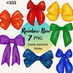 Rainbow Watercolor Bow Clipart Bundle, Transparent Background, Digital Clipart, Instant Download, Commercial Use