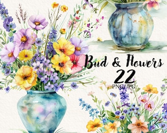 Wildflower Bouquet Clipart png, Clipart digitale, Bouquet di fiori dell'acquerello in vaso Wildflower png, download istantaneo, uso commerciale